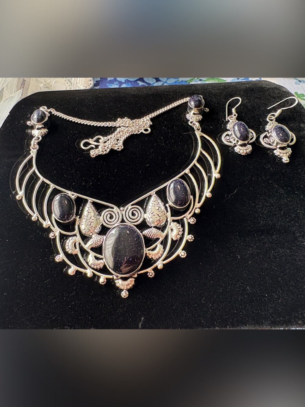 Silver Blue Goldstone Statement Necklace and Earring Set